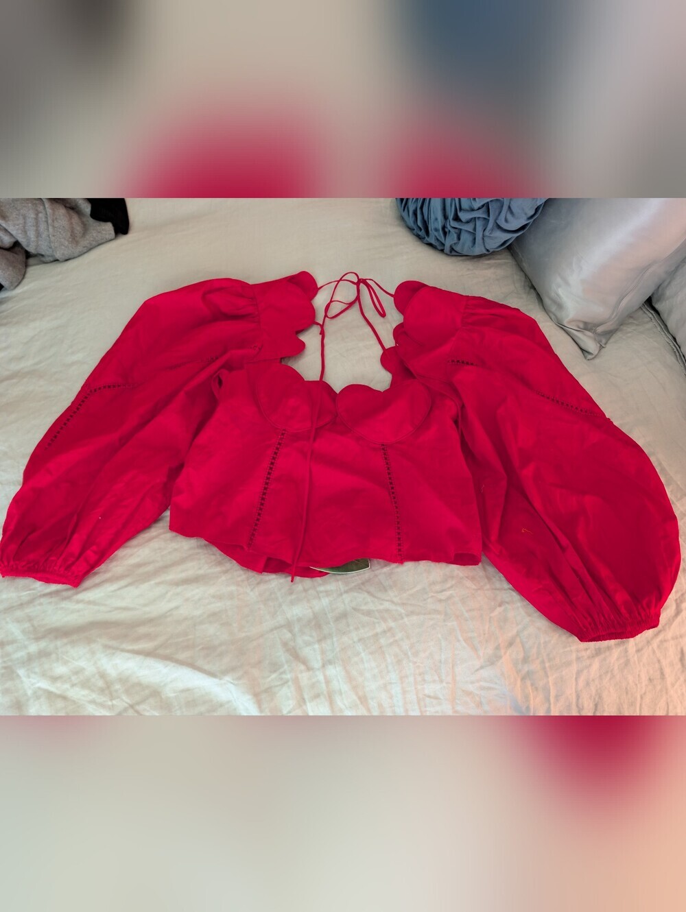 FARM Rio Red Heart Scallop Cutout Puff Sleeve Blouse NWT M